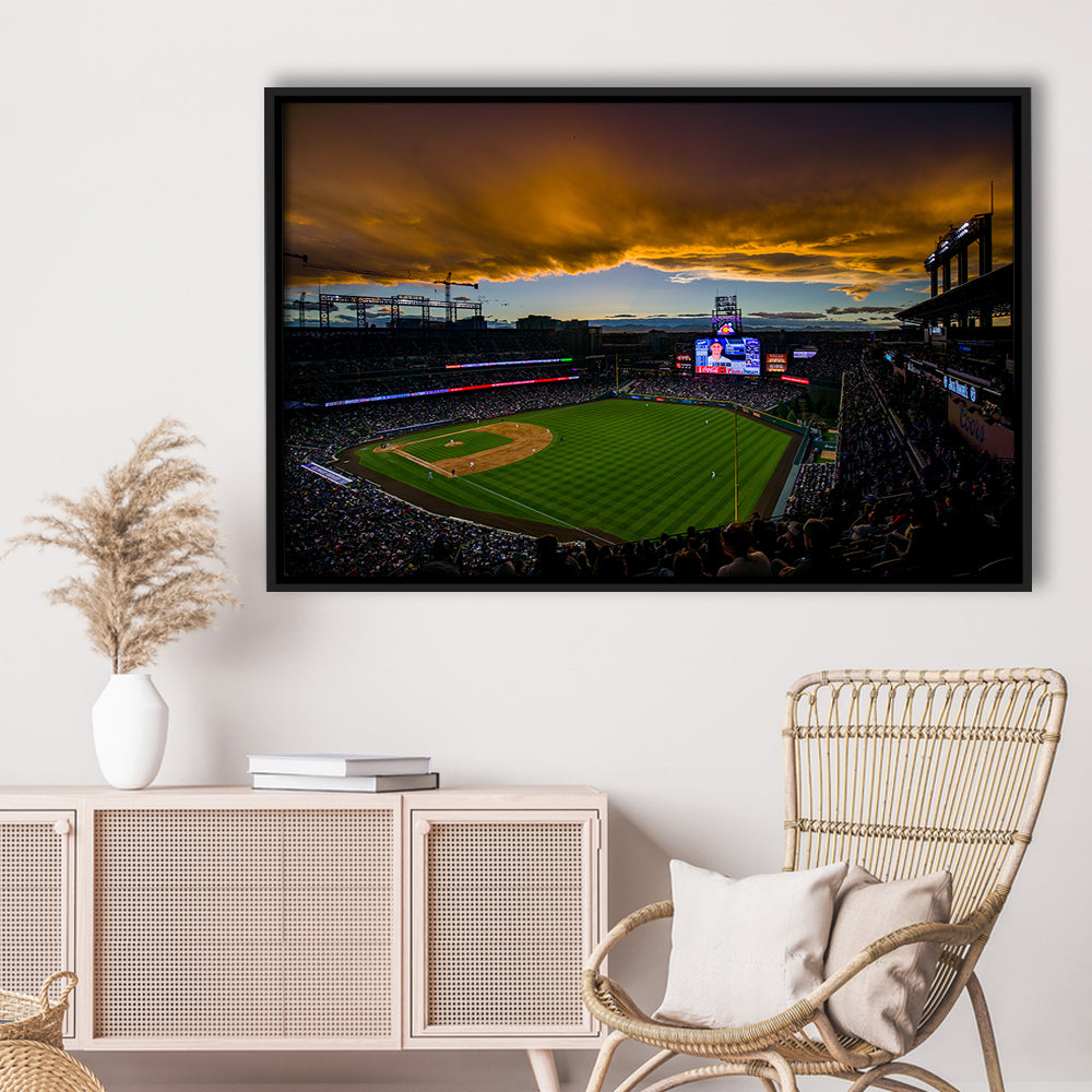 Coors Field Rockies on Cloudy Day, Stadium Canvas, Sport Art, Framed Canvas Print Wall Art, Floating Frame