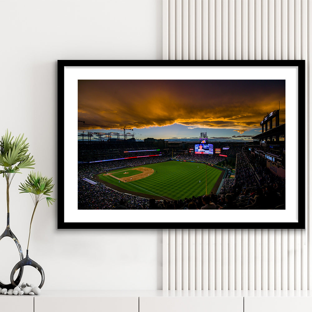 Coors Field Rockies on Cloudy Day, Stadium Canvas, Sport Art, Gift for him, White Border Framed Art Print Wall Decor
