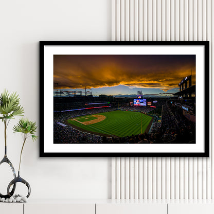 Coors Field Rockies on Cloudy Day, Stadium Canvas, Sport Art, Gift for him, White Border Framed Art Print Wall Decor