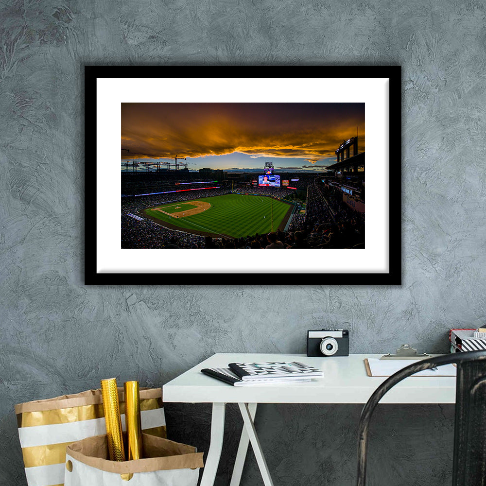 Coors Field Rockies on Cloudy Day, Stadium Canvas, Sport Art, Gift for him, White Border Framed Art Print Wall Decor