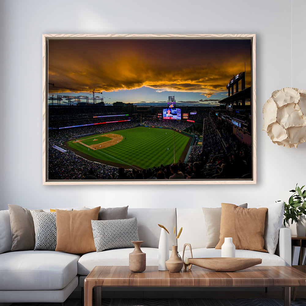 Coors Field Rockies on Cloudy Day, Stadium Canvas, Sport Art, Framed Canvas Print Wall Art, Floating Frame