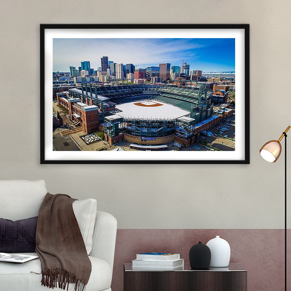 Coors Field in Snow, Stadium Canvas, Sport Art, Gift for him, White Border Framed Art Print Wall Decor