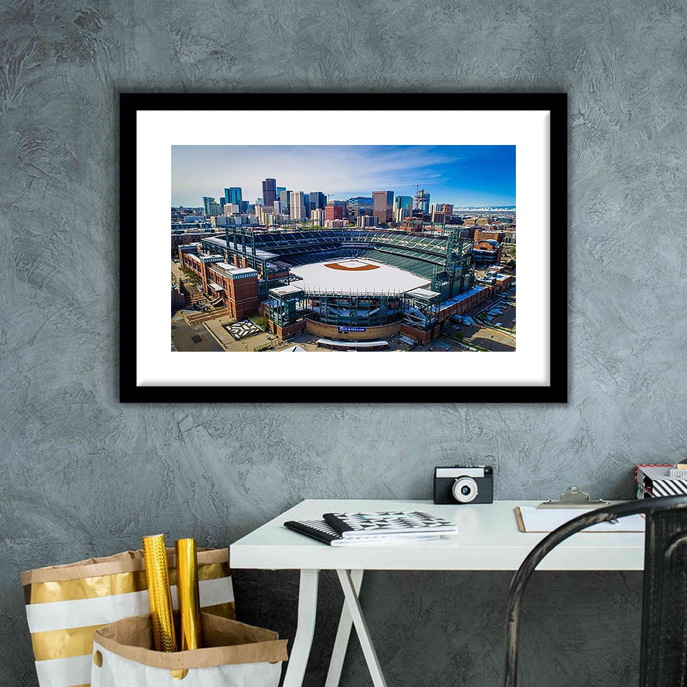Coors Field in Snow, Stadium Canvas, Sport Art, Gift for him, White Border Framed Art Print Wall Decor