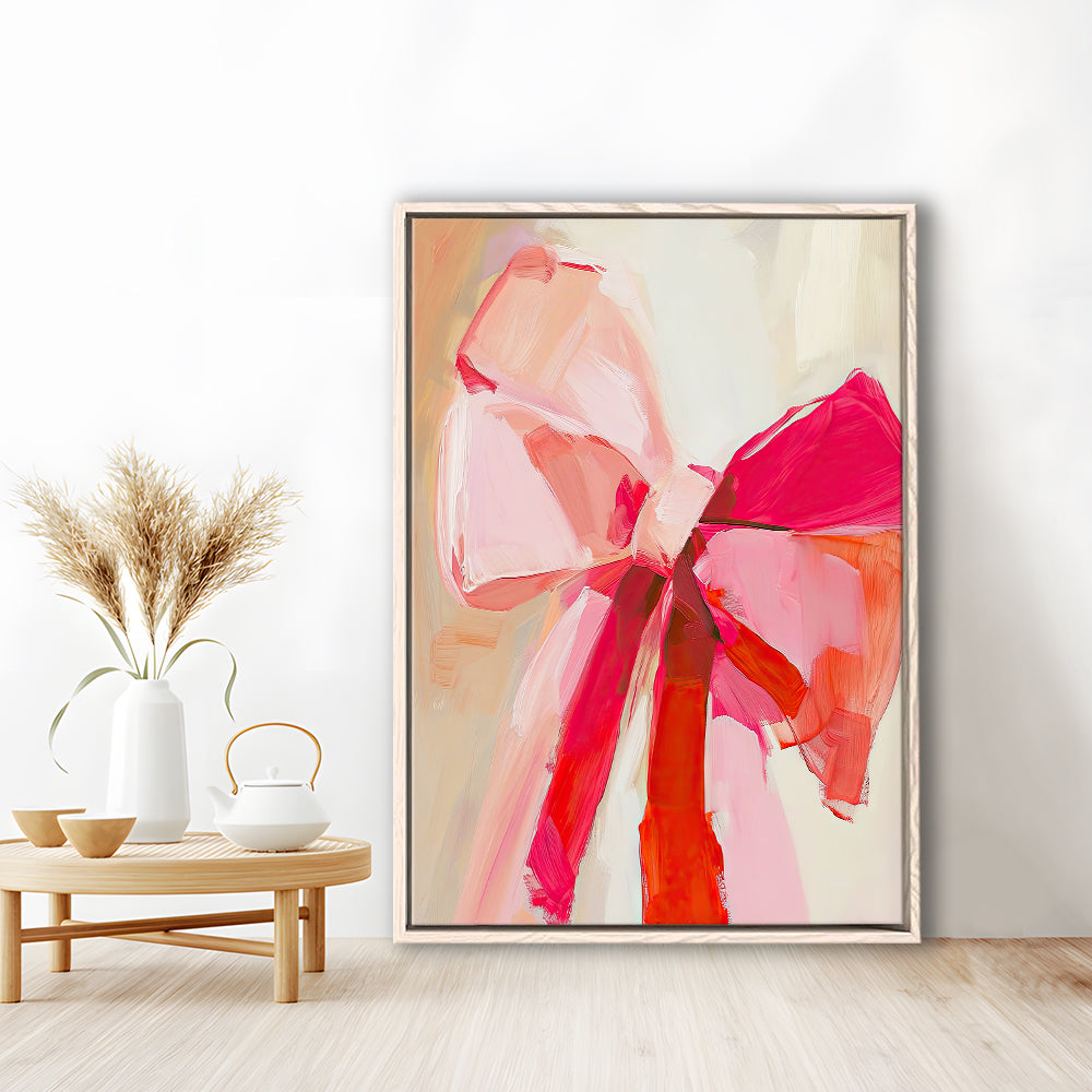 Coquette Pink Bow Vintage Art Print Painting Deep Blush, Framed Canvas Print Wall Art, Floating Frame