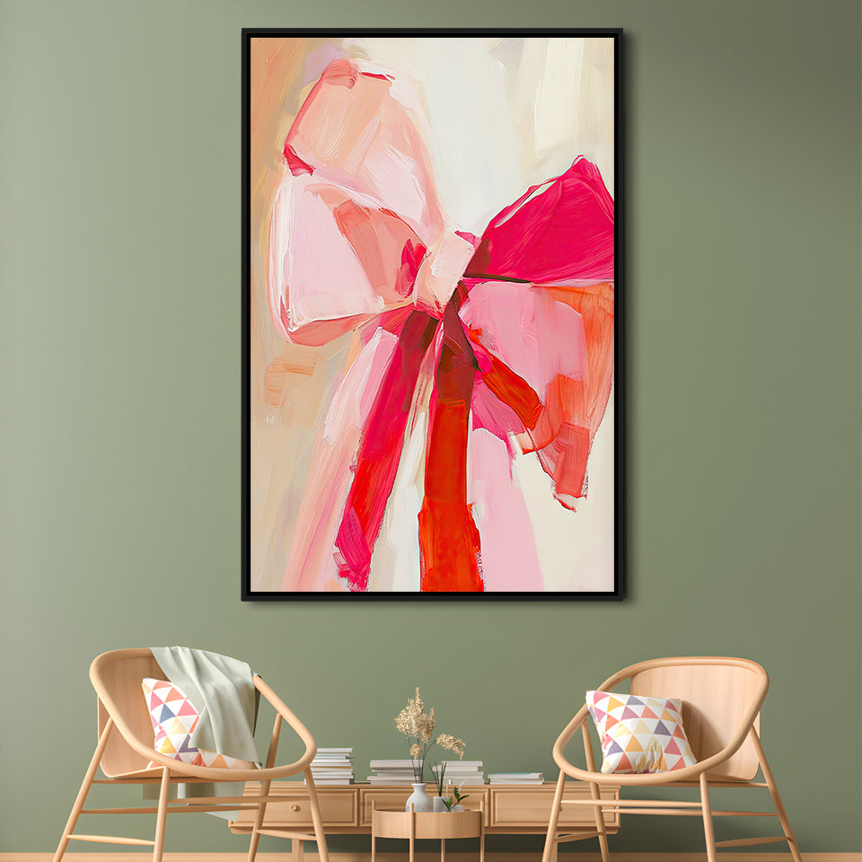 Coquette Pink Bow Vintage Art Print Painting Deep Blush, Framed Canvas Print Wall Art, Floating Frame
