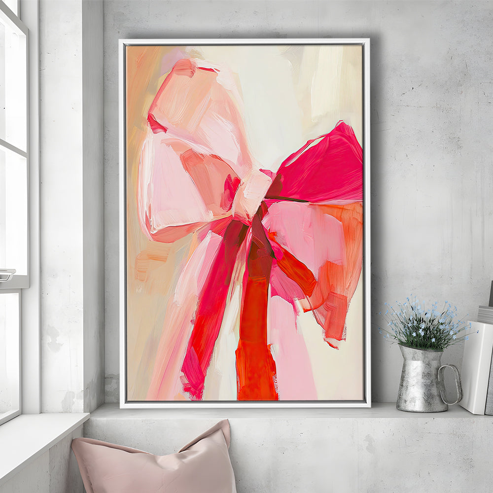 Coquette Pink Bow Vintage Art Print Painting Deep Blush, Framed Canvas Print Wall Art, Floating Frame