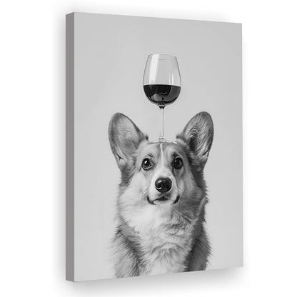 Corgi Balancing Wine On Head Canvas Print Wall Art, Black and White, Wine Glass Art,, Kitchen Wall Decor