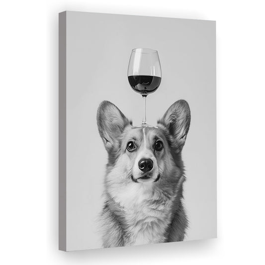 Corgi Balancing Wine On Head Canvas Print Wall Art, Black and White, Wine Glass Art,, Kitchen Wall Decor