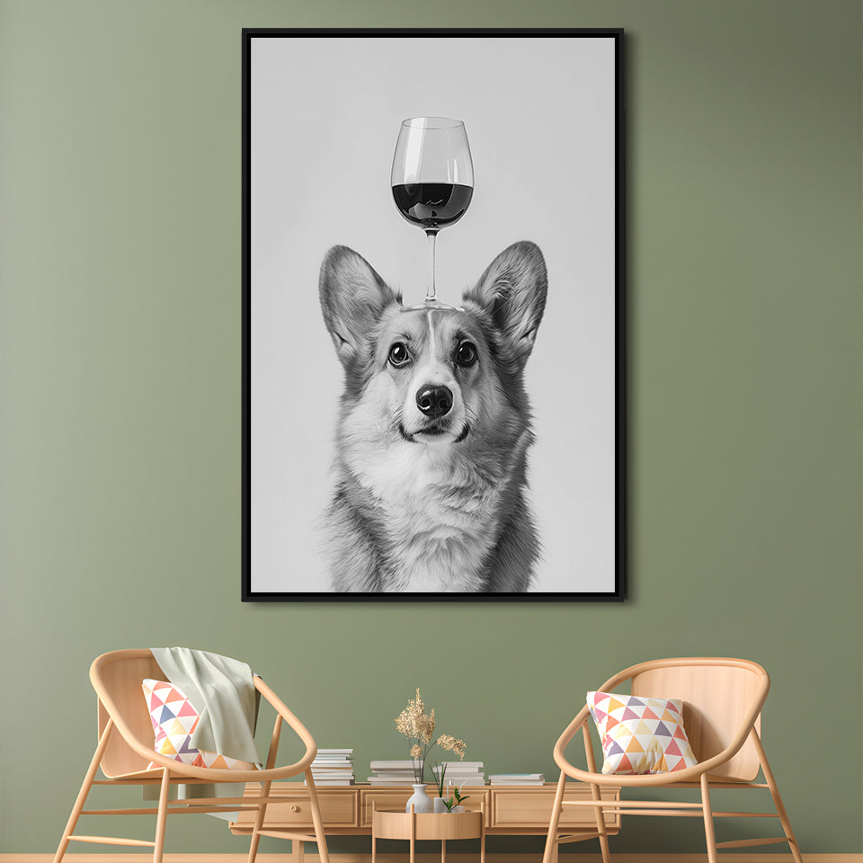 Corgi Balancing Wine On Head Framed Canvas Print Wall Art, Black and White, Wine Glass Art, Kitchen Wall Decor