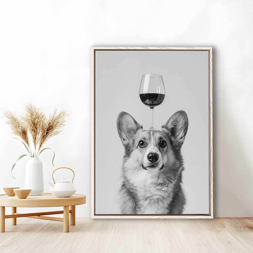 Corgi Balancing Wine On Head Framed Canvas Print Wall Art, Black and White, Wine Glass Art, Kitchen Wall Decor