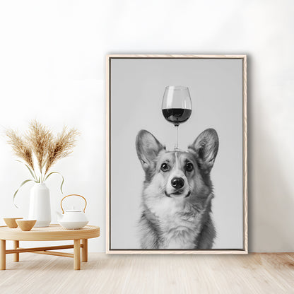 Corgi Balancing Wine On Head Framed Canvas Print Wall Art, Black and White, Wine Glass Art, Kitchen Wall Decor