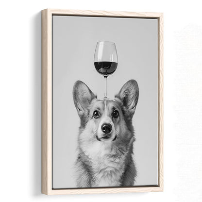 Corgi Balancing Wine On Head Framed Canvas Print Wall Art, Black and White, Wine Glass Art, Kitchen Wall Decor