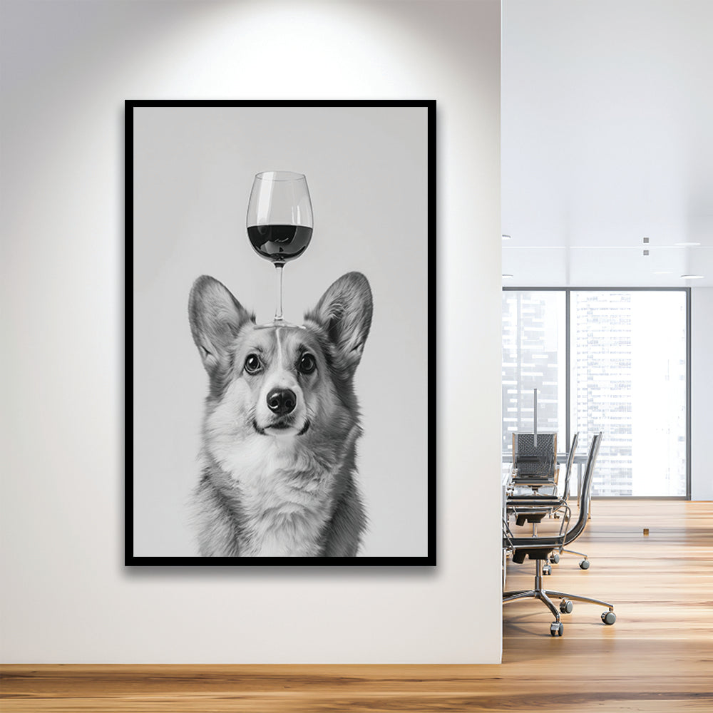 Corgi Balancing Wine On Head Framed Art Print Wall Decor, Black and White, Wine Glass Art, Kitchen Wall Decor