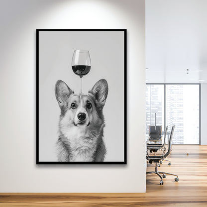Corgi Balancing Wine On Head Framed Art Print Wall Decor, Black and White, Wine Glass Art, Kitchen Wall Decor