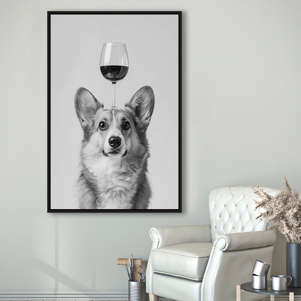 Corgi Balancing Wine On Head Framed Canvas Print Wall Art, Black and White, Wine Glass Art, Kitchen Wall Decor