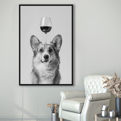 Corgi Balancing Wine On Head Framed Canvas Print Wall Art, Black and White, Wine Glass Art, Kitchen Wall Decor
