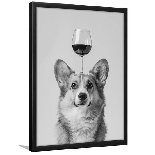 Corgi Balancing Wine On Head Framed Art Print Wall Decor, Black and White, Wine Glass Art, Kitchen Wall Decor