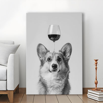 Corgi Balancing Wine On Head Canvas Print Wall Art, Black and White, Wine Glass Art,, Kitchen Wall Decor