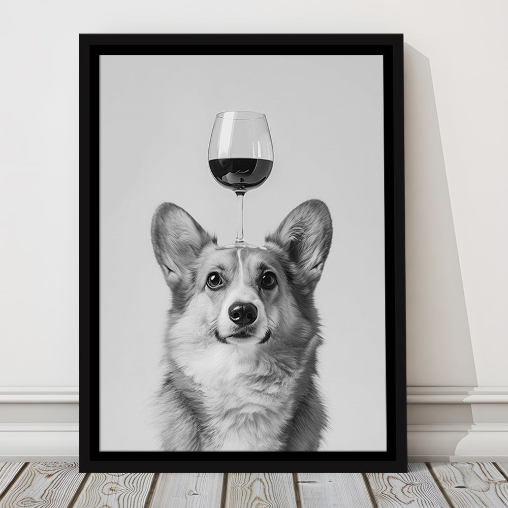 Corgi Balancing Wine On Head Framed Canvas Print Wall Art, Black and White, Wine Glass Art, Kitchen Wall Decor