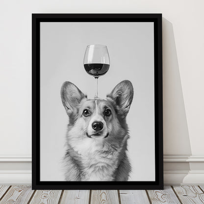 Corgi Balancing Wine On Head Framed Canvas Print Wall Art, Black and White, Wine Glass Art, Kitchen Wall Decor