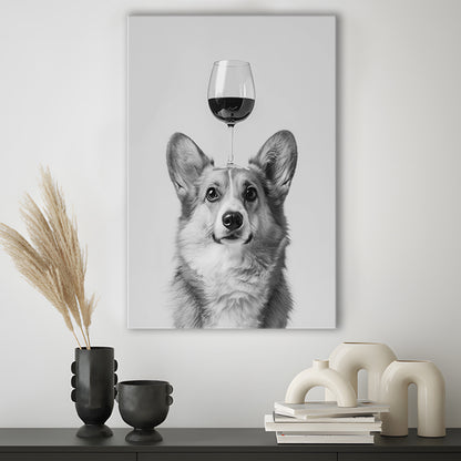 Corgi Balancing Wine On Head Canvas Print Wall Art, Black and White, Wine Glass Art,, Kitchen Wall Decor