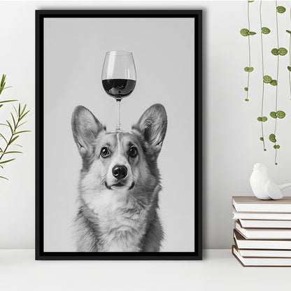 Corgi Balancing Wine On Head Framed Canvas Print Wall Art, Black and White, Wine Glass Art, Kitchen Wall Decor