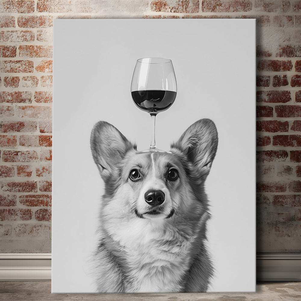 Corgi Balancing Wine On Head Canvas Print Wall Art, Black and White, Wine Glass Art,, Kitchen Wall Decor