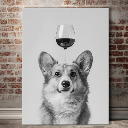 Corgi Balancing Wine On Head Canvas Print Wall Art, Black and White, Wine Glass Art,, Kitchen Wall Decor