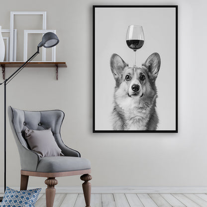 Corgi Balancing Wine On Head Framed Canvas Print Wall Art, Black and White, Wine Glass Art, Kitchen Wall Decor