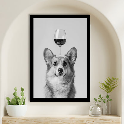 Corgi Balancing Wine On Head Framed Art Print Wall Decor, Black and White, Wine Glass Art, Kitchen Wall Decor