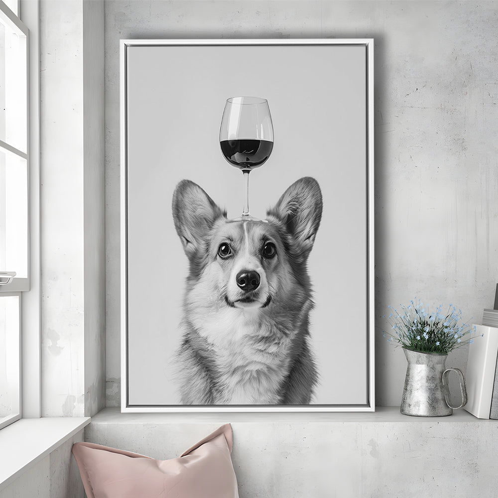 Corgi Balancing Wine On Head Framed Canvas Print Wall Art, Black and White, Wine Glass Art, Kitchen Wall Decor