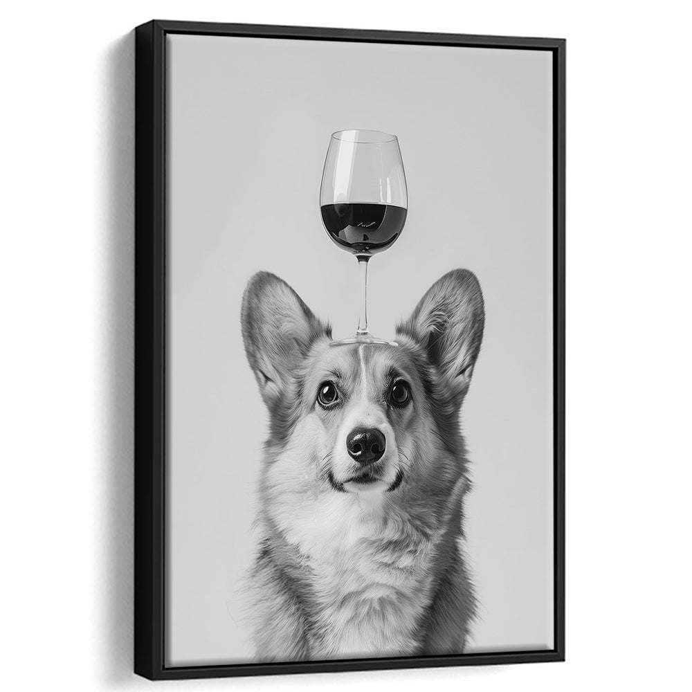 Corgi Balancing Wine On Head Framed Canvas Print Wall Art, Black and White, Wine Glass Art, Kitchen Wall Decor