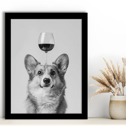 Corgi Balancing Wine On Head Framed Art Print Wall Decor, Black and White, Wine Glass Art, Kitchen Wall Decor