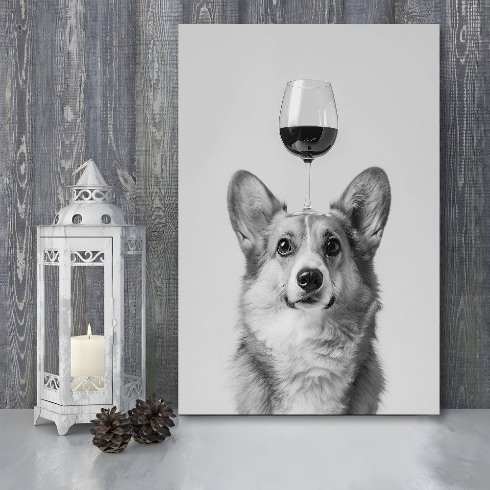 Corgi Balancing Wine On Head Canvas Print Wall Art, Black and White, W –  UnixGifts