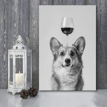 Corgi Balancing Wine On Head Canvas Print Wall Art, Black and White, Wine Glass Art,, Kitchen Wall Decor