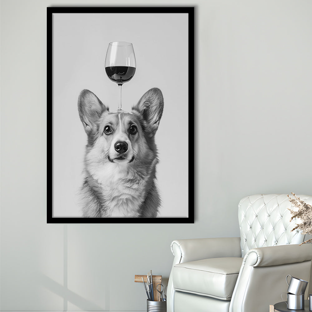Corgi Balancing Wine On Head Framed Art Print Wall Decor, Black and White, Wine Glass Art, Kitchen Wall Decor