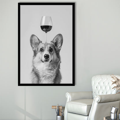 Corgi Balancing Wine On Head Framed Art Print Wall Decor, Black and White, Wine Glass Art, Kitchen Wall Decor