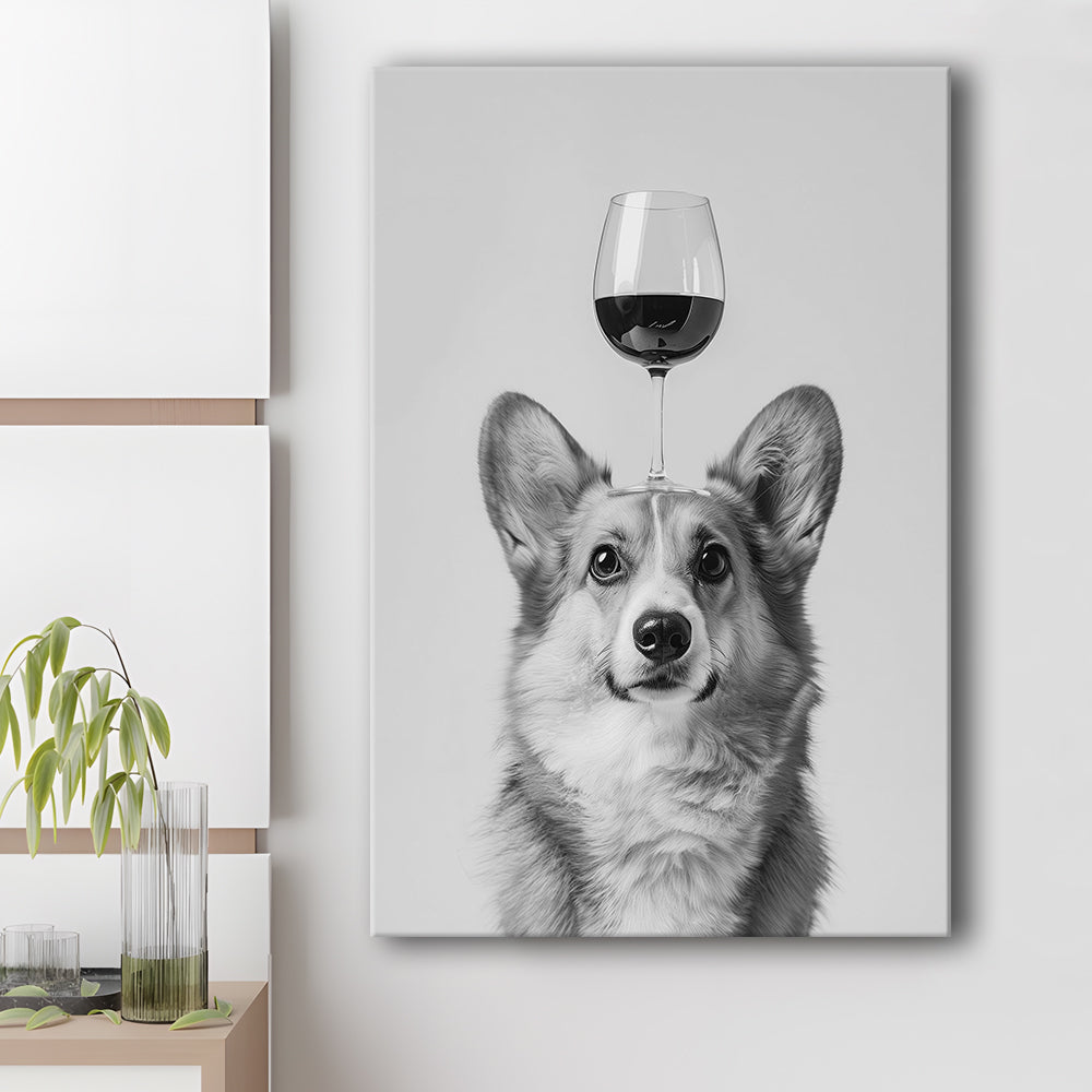 Corgi Balancing Wine On Head Canvas Print Wall Art, Black and White, Wine Glass Art,, Kitchen Wall Decor