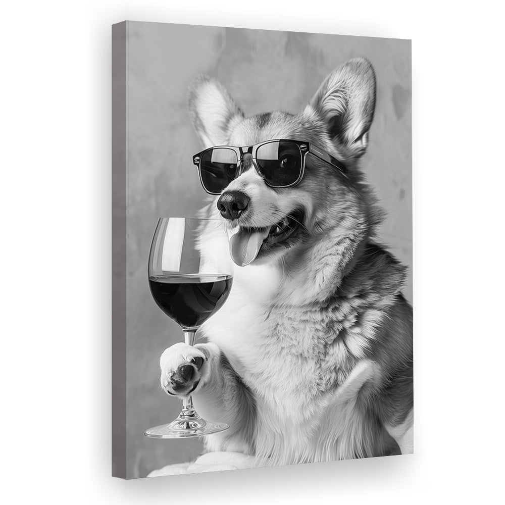 Corgi Drinking Wine Canvas Print Wall Art, Black and White, Welsh Corgi Gift,, Bar Cart Print, Kitchen Wall Decor