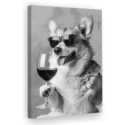 Corgi Drinking Wine Canvas Print Wall Art, Black and White, Welsh Corgi Gift,, Bar Cart Print, Kitchen Wall Decor