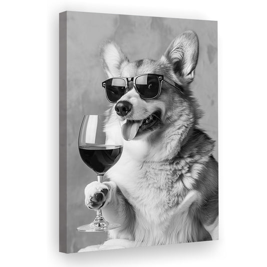 Corgi Drinking Wine Canvas Print Wall Art, Black and White, Welsh Corgi Gift,, Bar Cart Print, Kitchen Wall Decor
