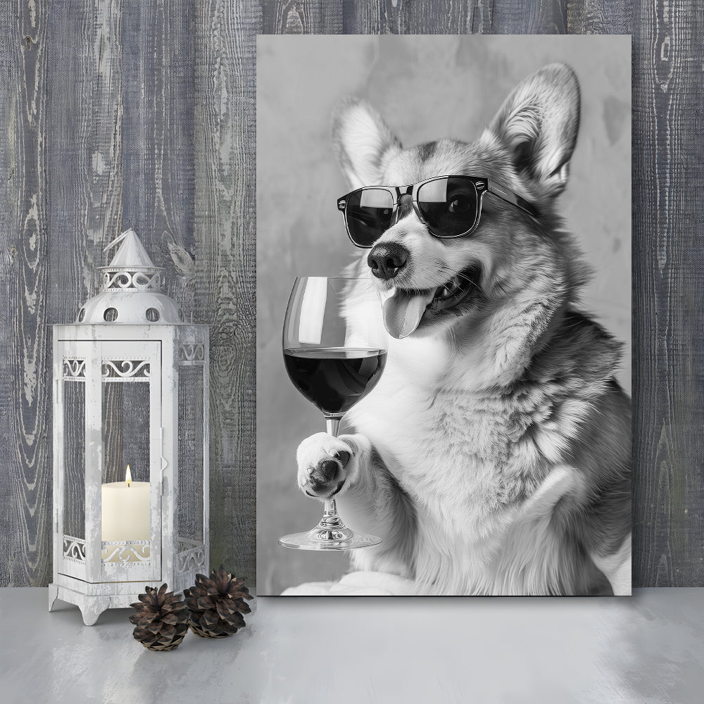 Corgi Drinking Wine Canvas Print Wall Art, Black and White, Welsh Corgi Gift,, Bar Cart Print, Kitchen Wall Decor