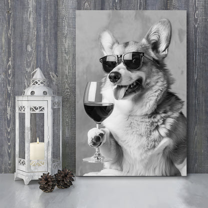 Corgi Drinking Wine Canvas Print Wall Art, Black and White, Welsh Corgi Gift,, Bar Cart Print, Kitchen Wall Decor