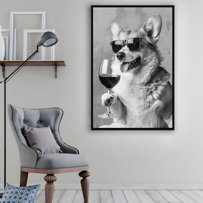 Corgi Drinking Wine Framed Canvas Print Wall Art, Black and White, Welsh Corgi Gift, Bar Cart Print, Kitchen Wall Decor