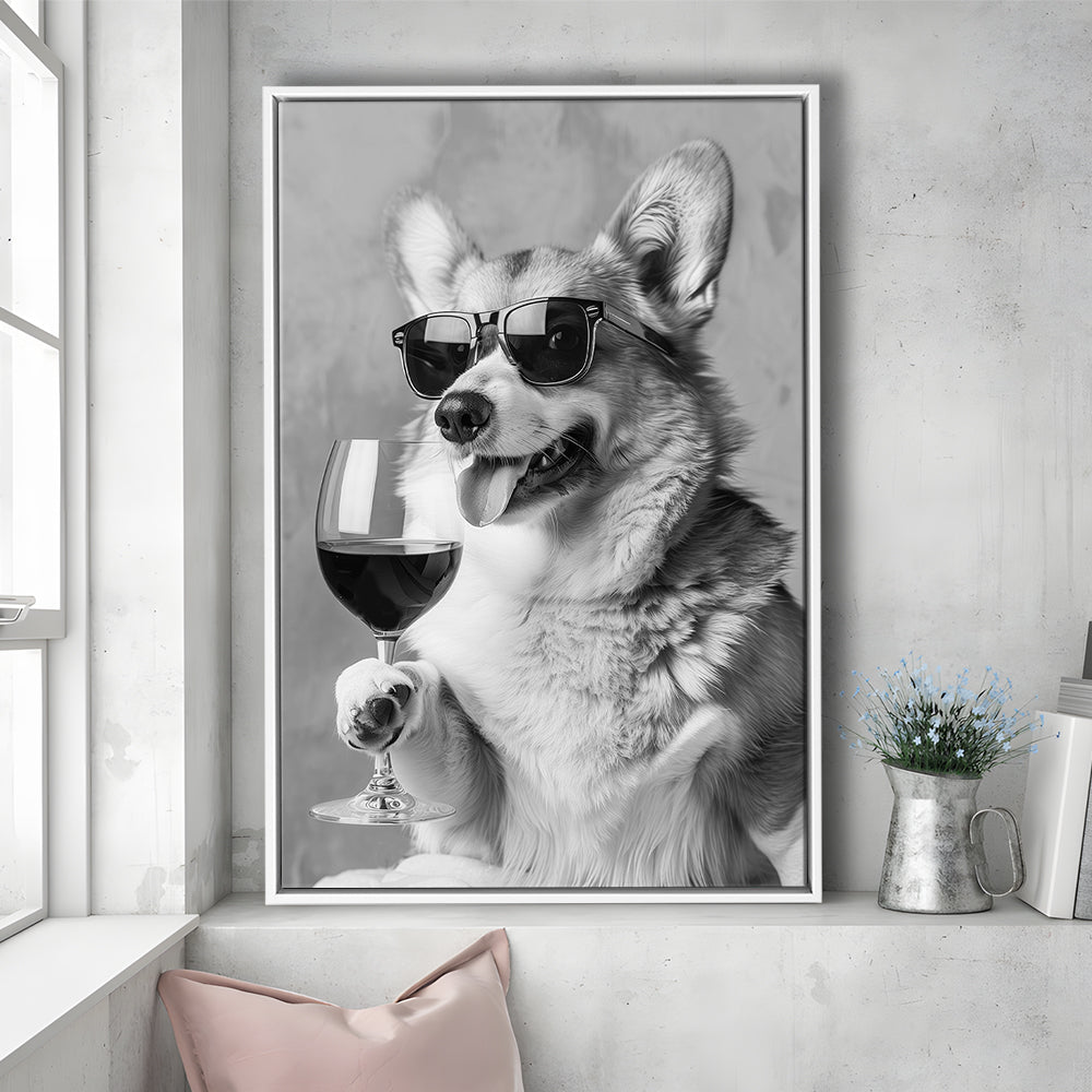 Corgi Drinking Wine Framed Canvas Print Wall Art, Black and White, Welsh Corgi Gift, Bar Cart Print, Kitchen Wall Decor