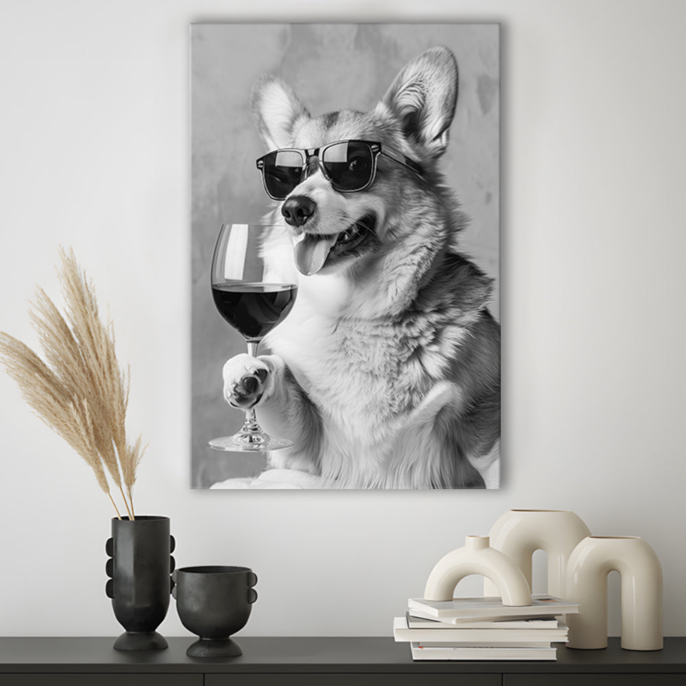 Corgi Drinking Wine Canvas Print Wall Art, Black and White, Welsh Corgi Gift,, Bar Cart Print, Kitchen Wall Decor