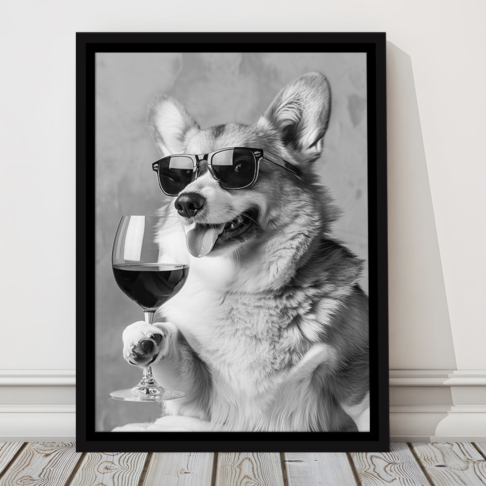 Corgi Drinking Wine Framed Canvas Print Wall Art, Black and White, Welsh Corgi Gift, Bar Cart Print, Kitchen Wall Decor