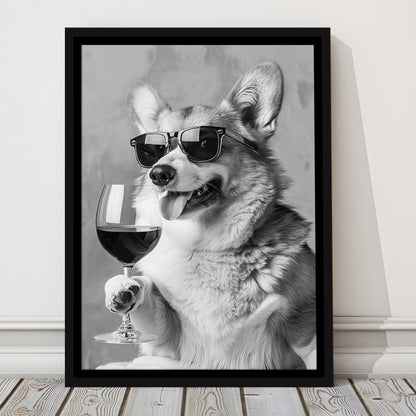 Corgi Drinking Wine Framed Canvas Print Wall Art, Black and White, Welsh Corgi Gift, Bar Cart Print, Kitchen Wall Decor