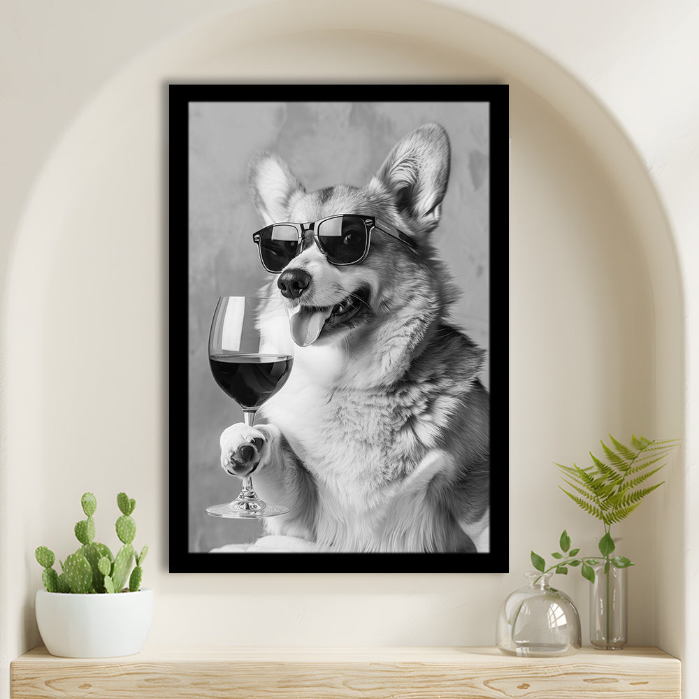 Corgi Drinking Wine Framed Art Print Wall Decor, Black and White, Welsh Corgi Gift, Bar Cart Print, Kitchen Wall Decor
