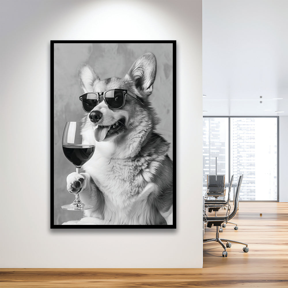 Corgi Drinking Wine Framed Art Print Wall Decor, Black and White, Welsh Corgi Gift, Bar Cart Print, Kitchen Wall Decor